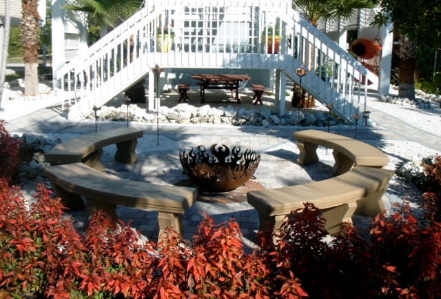 Fire Sculptural Fire Pit on Florida beach with concrete benches