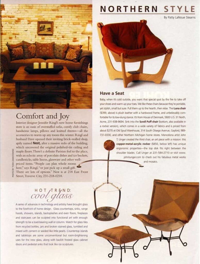 Patty LaNoue Stearns, “Have a Seat,” Northern Home Magazine, Vol. 9, No. 1, January-February, 2004, 9